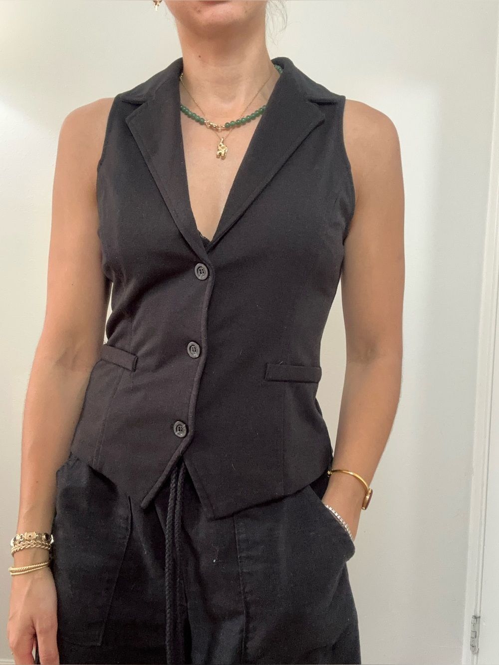 Vintage Y2K NY & Co Black Knit Fitted V-neck Button Front Tailored Vest Size XS